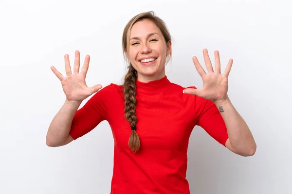Mladá Běloška Žena Izolované Bílém Pozadí Počítání Deset Prsty — Stock fotografie