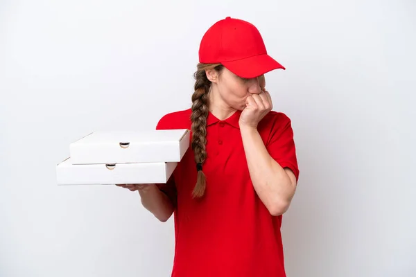 Pizza Delivery Woman Work Uniform Picking Pizza Boxes Isolated White — стоковое фото