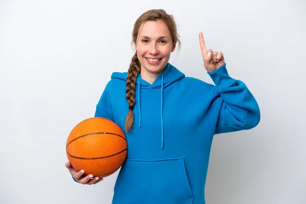 Young Caucasian Woman Playing Basketball Isolated White Background Pointing Great — ストック写真