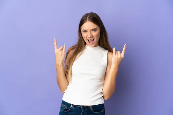 Young Lithuanian Woman Isolated Purple Background Making Horn Gesture — Stock Photo, Image