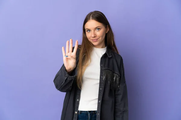 Young Lithuanian Woman Isolated Purple Background Happy Counting Four Fingers — Stock Photo, Image