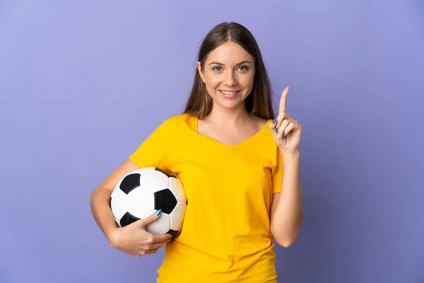 Young Lithuanian Football Player Woman Isolated Purple Background Pointing Great — 스톡 사진