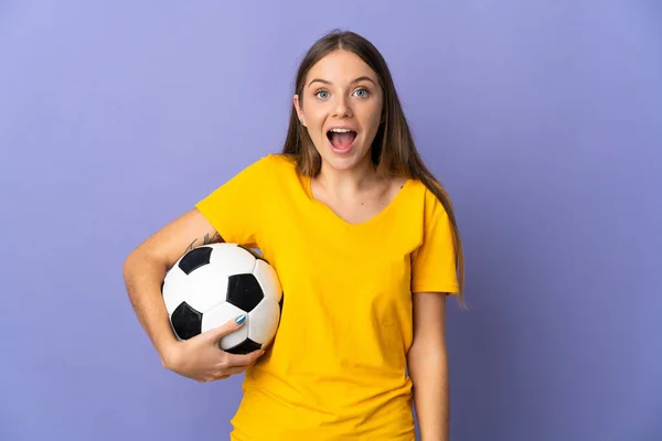 Young Lithuanian Football Player Woman Isolated Purple Background Surprise Facial — Foto de Stock