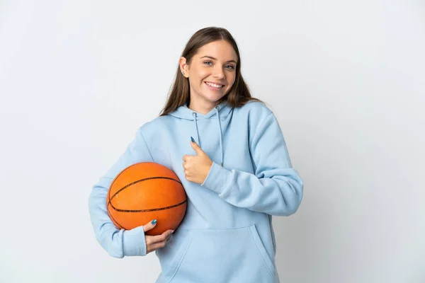 Ung Litauisk Kvinna Spelar Basket Isolerad Vit Bakgrund Ger Tummen — Stockfoto