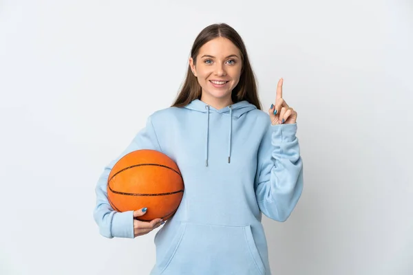 Young Lithuanian Woman Playing Basketball Isolated White Background Pointing Great — Stok Foto