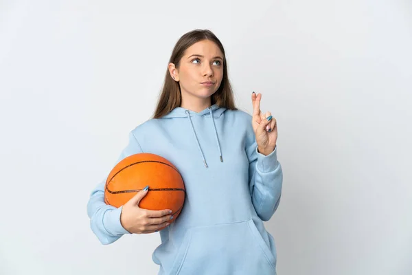 Giovane Donna Lituana Che Gioca Basket Isolato Sfondo Bianco Con — Foto Stock