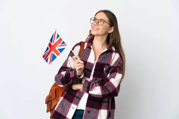 Jovem Lituana Segurando Uma Bandeira Reino Unido Isolada Fundo Branco — Fotografia de Stock