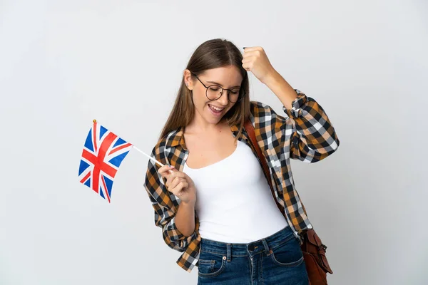 Mladá Litevka Drží Vlajku Spojeného Království Izolované Bílém Pozadí Slaví — Stock fotografie