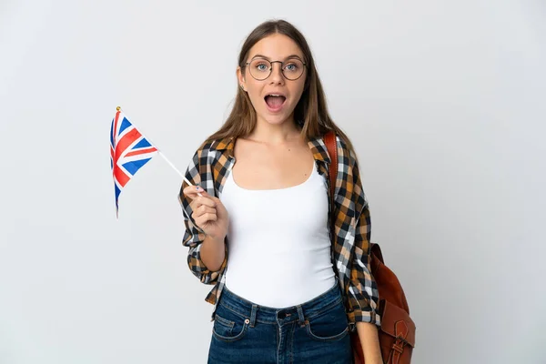 Jeune Femme Lituanienne Tenant Drapeau Royaume Uni Isolé Sur Fond — Photo