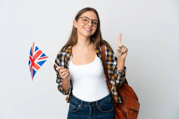 Jovem Lituana Segurando Uma Bandeira Reino Unido Isolada Fundo Branco — Fotografia de Stock