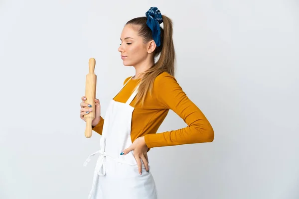 Jonge Litouwse Vrouw Met Een Rollende Pin Geïsoleerd Een Witte — Stockfoto