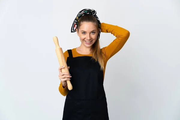 Jonge Litouwse Vrouw Met Een Rollende Pin Geïsoleerd Witte Achtergrond — Stockfoto