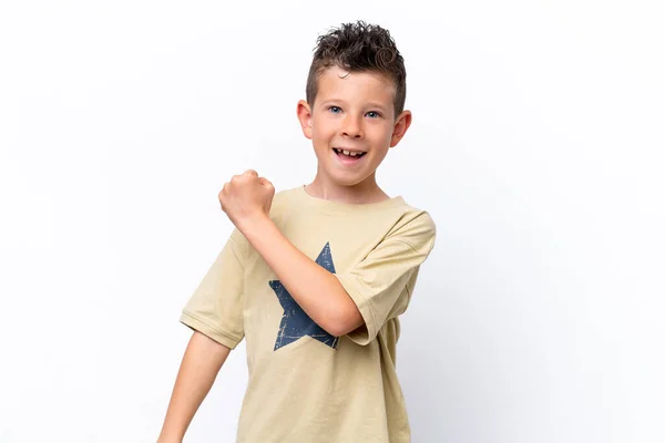 Little Caucasian Boy Isolated White Background Celebrating Victory — 스톡 사진