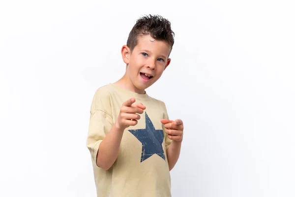 Little Caucasian Boy Isolated White Background Surprised Pointing Front — Stok fotoğraf