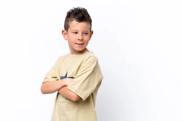 Little Caucasian Boy Isolated White Background Arms Crossed Happy — Stock Photo, Image