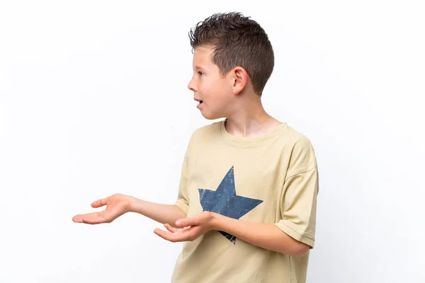 Little Caucasian Boy Isolated White Background Surprise Expression While Looking — Stockfoto