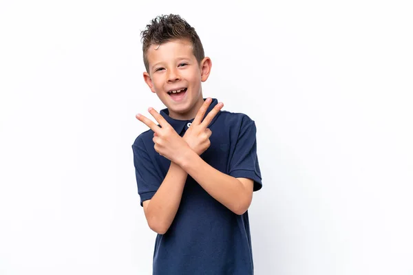 Little Caucasian Boy Isolated White Background Smiling Showing Victory Sign — Zdjęcie stockowe