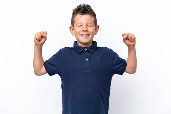 Little Caucasian Boy Isolated White Background Doing Strong Gesture — 스톡 사진