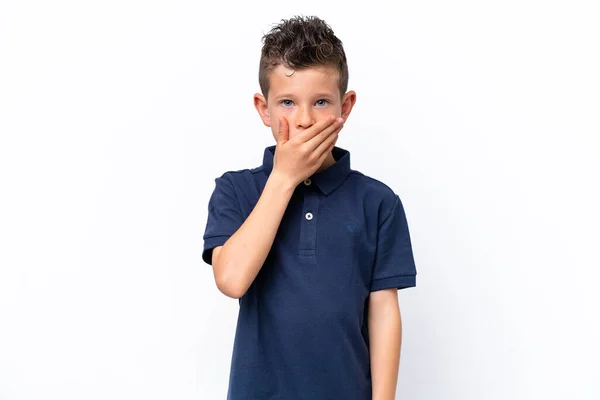 Kleiner Kaukasischer Junge Isoliert Auf Weißem Hintergrund Der Mund Mit — Stockfoto
