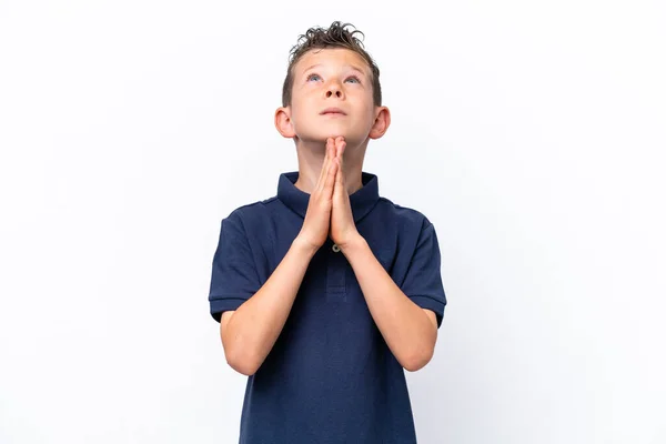 Little Caucasian Boy Isolated White Background Keeps Palm Together Person — Zdjęcie stockowe