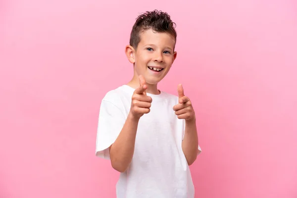 Little Caucasian Boy Isolated Pink Background Pointing Front Smiling — Stock Photo, Image