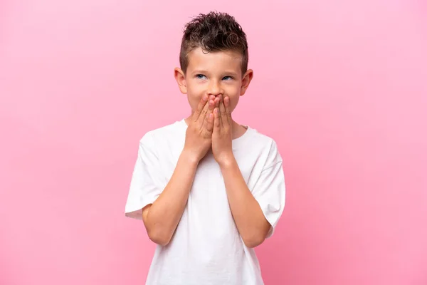 Little Caucasian Boy Isolated Pink Background Happy Smiling Covering Mouth — Stock Photo, Image
