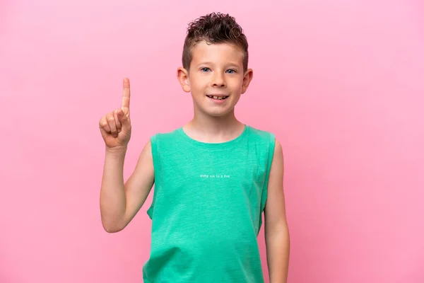 Little Caucasian Boy Isolated Pink Background Pointing Great Idea — Fotografia de Stock