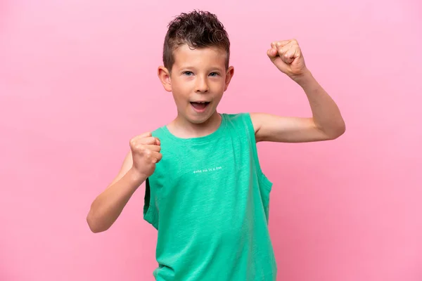 Little Caucasian Boy Isolated Pink Background Celebrating Victory — Stock Photo, Image