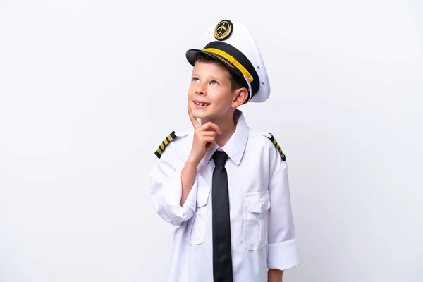 Little Airplane Pilot Boy Isolated White Background Thinking Idea While — Stok fotoğraf