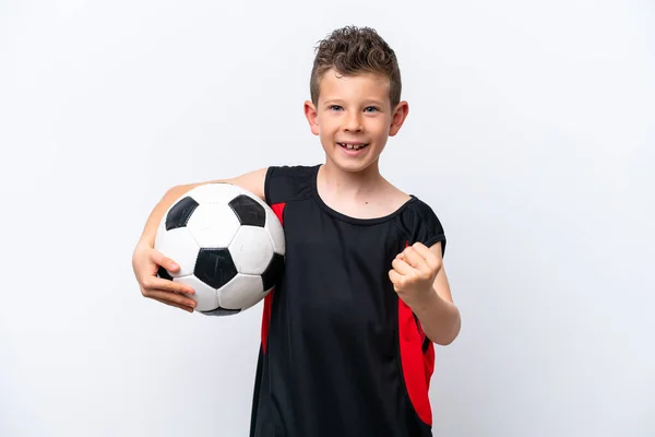 Little Caucasian Boy Isolated White Background Soccer Ball Celebrating Victory — Stockfoto