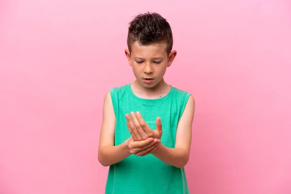 Little Caucasian Boy Isolated Pink Background Suffering Pain Hands — Stock Photo, Image