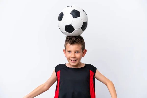Jongen Voetballen Geïsoleerde Witte Muur — Stockfoto