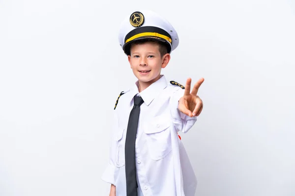 Küçük Pilot Çocuk Beyaz Arka Planda Izole Edilmiş Gülümsüyor Zafer — Stok fotoğraf
