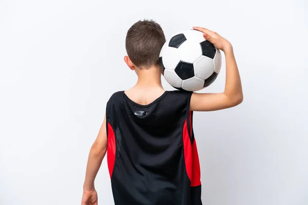 Kleine Blanke Jongen Geïsoleerd Witte Achtergrond Met Voetbal — Stockfoto