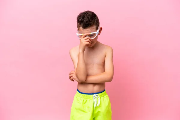 Little Caucasian Boy Wearing Diving Goggles Isolated Pink Background Laughing — 스톡 사진