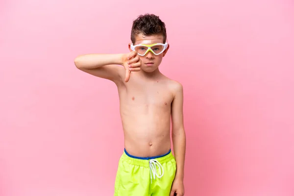 Little Caucasian Boy Wearing Diving Goggles Isolated Pink Background Showing — Photo