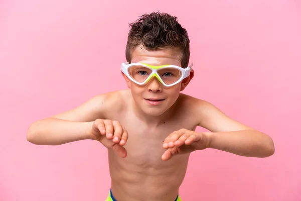 Little Caucasian Boy Wearing Diving Goggles Isolated Pink Background — Stockfoto