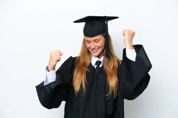 Jovem Universitária Graduada Caucasiana Mulher Isolada Fundo Branco Comemorando Uma — Fotografia de Stock