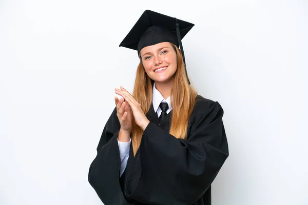 Joven Graduada Universitaria Caucásica Aislada Sobre Fondo Blanco Aplaudiendo Después —  Fotos de Stock