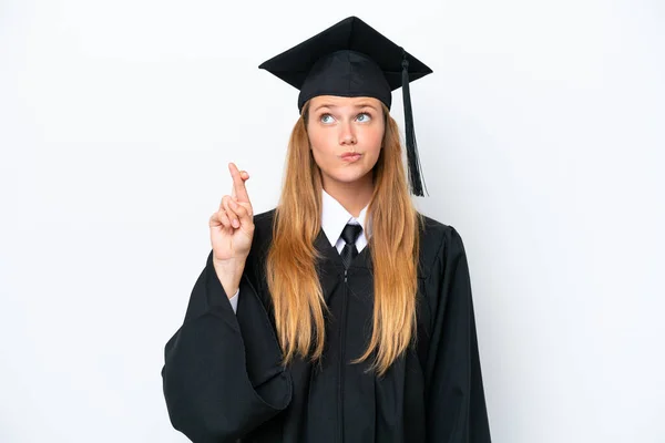 Νεαρή Απόφοιτος Πανεπιστημίου Καυκάσιος Γυναίκα Απομονωμένη Λευκό Φόντο Δάχτυλα Σταυρώνουν — Φωτογραφία Αρχείου
