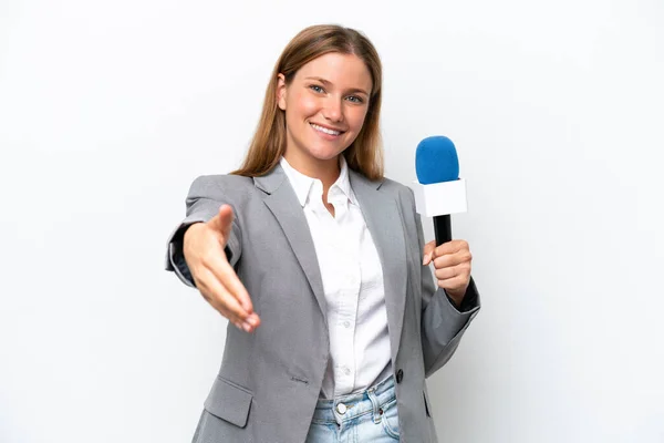 Young Caucasian Presenter Woman Isolated White Background Shaking Hands Closing — Stock Photo, Image