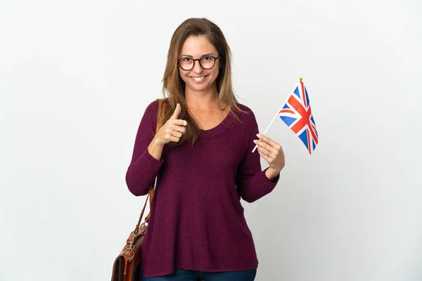 Brasilianerin Mittleren Alters Mit Einer Britischen Flagge Auf Weißem Hintergrund — Stockfoto