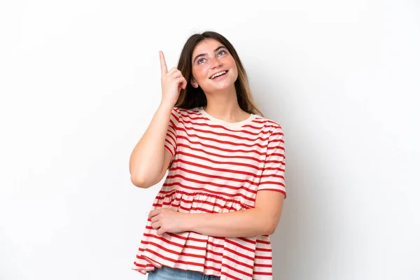 Young Caucasian Woman Isolated White Background Intending Realizes Solution While — Stock Photo, Image