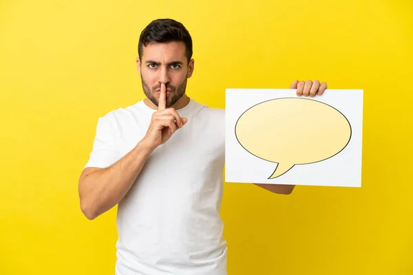 Young Handsome Caucasian Man Isolated Yellow Background Holding Placard Speech — 图库照片