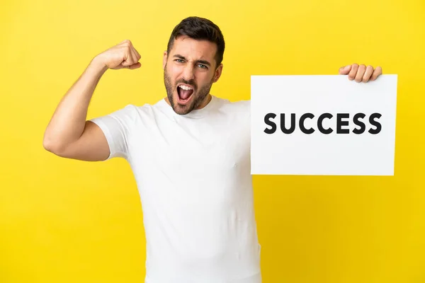 Young Handsome Caucasian Man Isolated Yellow Background Holding Placard Text — Fotografia de Stock