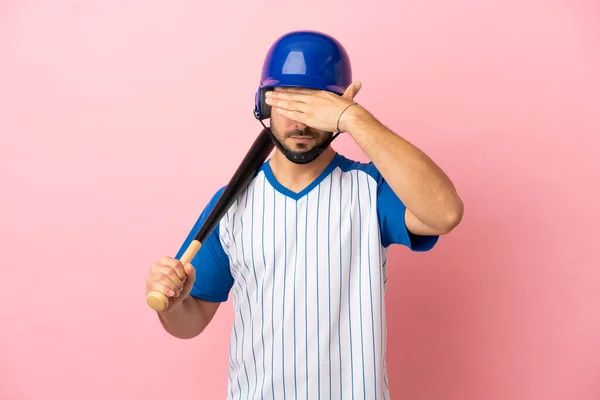 Baseball Player Helmet Bat Isolated Pink Background Covering Eyes Hands — Φωτογραφία Αρχείου