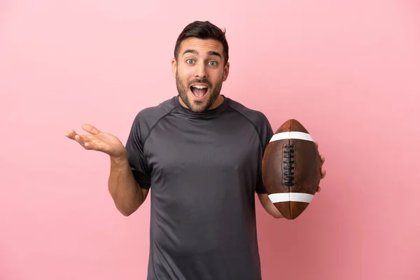 Young Caucasian Man Playing Rugby Isolated Pink Background Shocked Facial — Stock Photo, Image