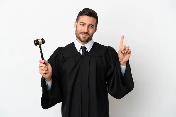 Judge Caucasian Man Isolated White Background Showing Lifting Finger Sign — Stock Photo, Image