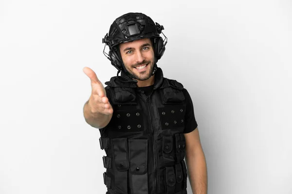 Young Caucasian Swat Isolated White Background Shaking Hands Closing Good — Foto Stock