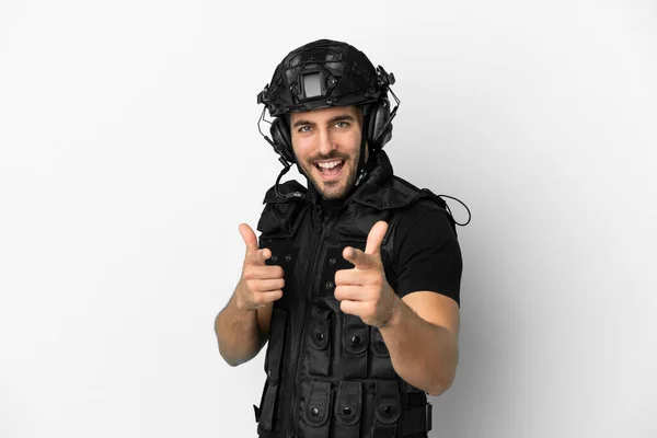 Young Caucasian Swat Isolated White Background Pointing Front Smiling — Foto de Stock